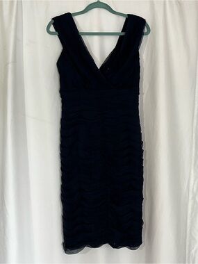Tadashi Collection Sleeveless Navy Ruched V-Neck Midi Dress